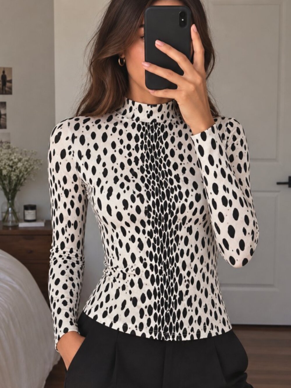 Reformation Bailey Knit Top S Dalmatian Animal Print Stretch Mock Neck $118